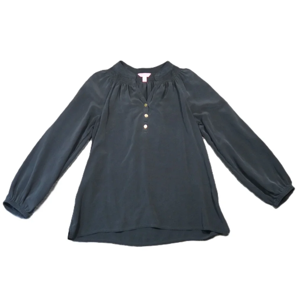 Lilly Pulitzer Silk Elsa Top S Black‎ Puff Sleeve Split V-Neck Buttons Luxury